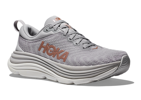 HOKA Women's Gaviota 5 supportive road running and walking shoe in gray and rose gold