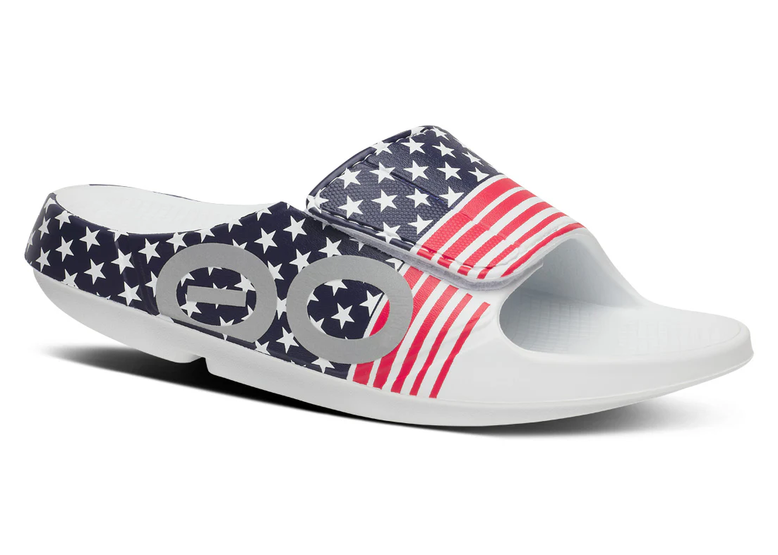 Oofos OOahh Sport Flex Limited Slide USA Stars and Stripes Patriotic design