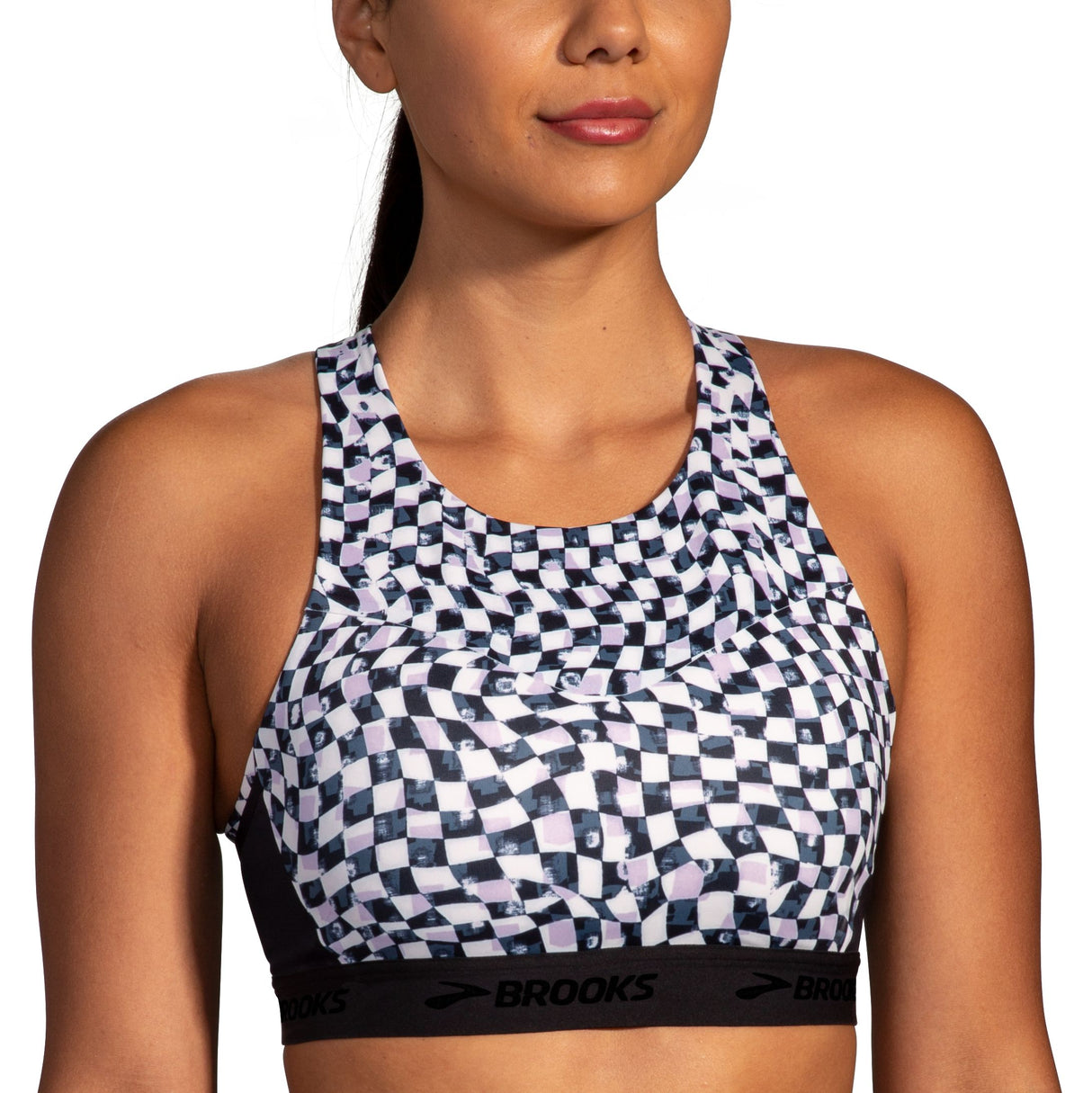 Brooks 3 Pocket Sports Bra in black and white check