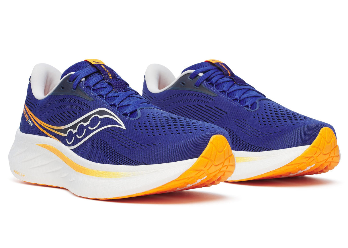 Saucony Men's Ride 18 neutral cushioned road running shoe in purple and gold