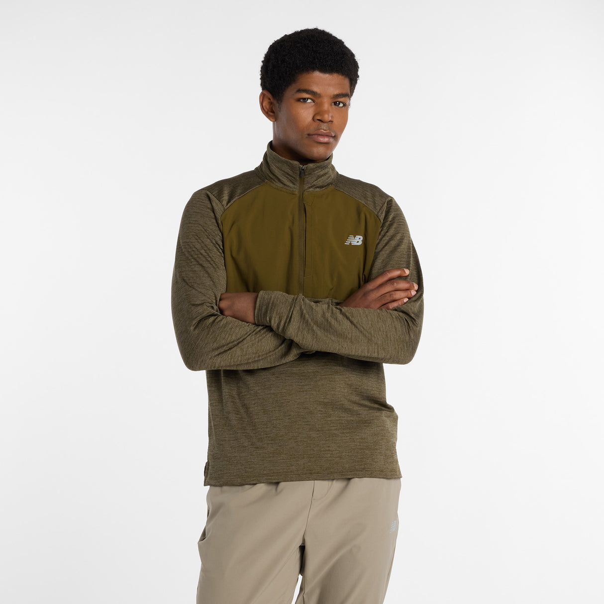 New Balance Men's Athletics Heat Grid 1/2 Zip warm running top with rain-resistant panels