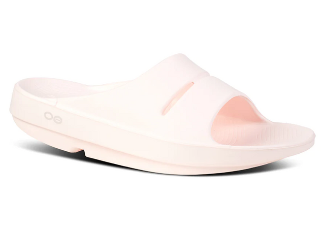 OOFOS Ooahh slide soft and supportive recovery sandal in pastel pink