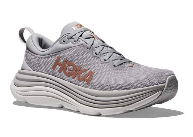 HOKA Women's Gaviota 5 supportive road running and walking shoe in gray and rose gold