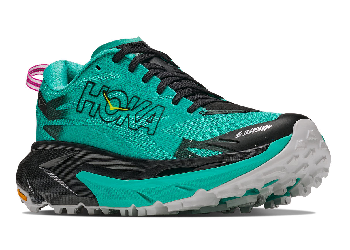 Hoka Women's Mafate 5 trail running shoe in aqua and black