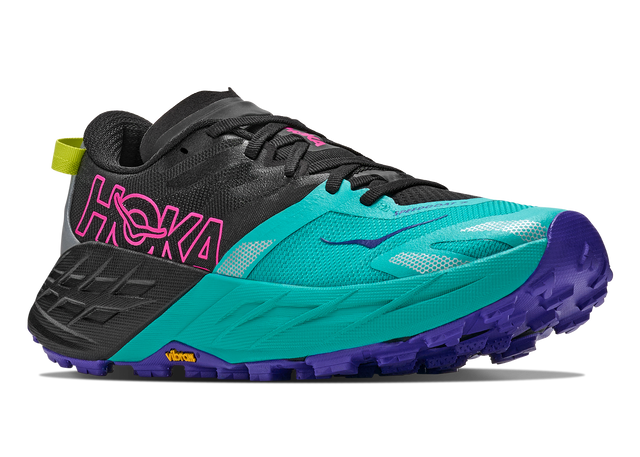 Hoka Women's Speedgoat 7 lightweight trail running and racing shoe in aqua and black