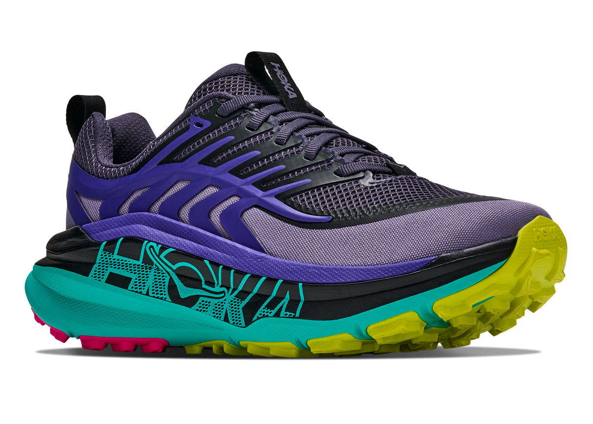 Hoka Women's Stinson 8 trail running shoe in black, purple, aqua and yellow