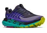 Hoka Women's Stinson 8 trail running shoe in black, purple, aqua and yellow