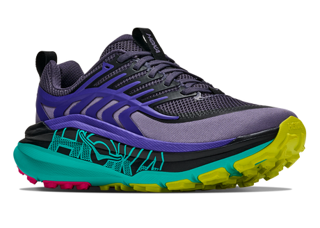 Hoka Women's Stinson 8 trail running shoe in black, purple, aqua and yellow