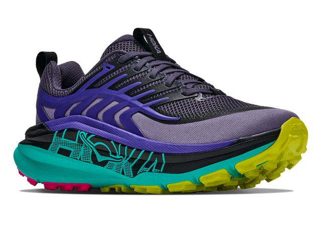 Hoka Women's Stinson 8 trail running shoe in black, purple, aqua and yellow