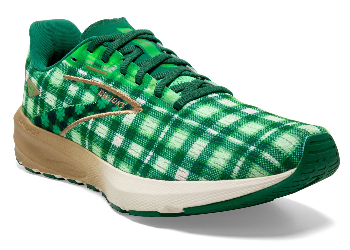 Brooks Women's Launch 10 neutral road running shoe in shamrock plaid for st. patrick's day