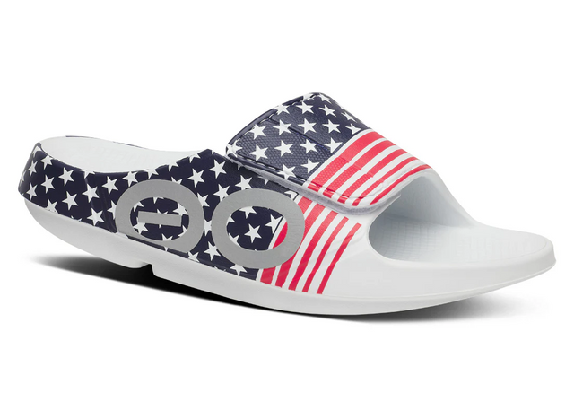 Oofos OOahh Sport Flex Limited Slide USA Stars and Stripes Patriotic design