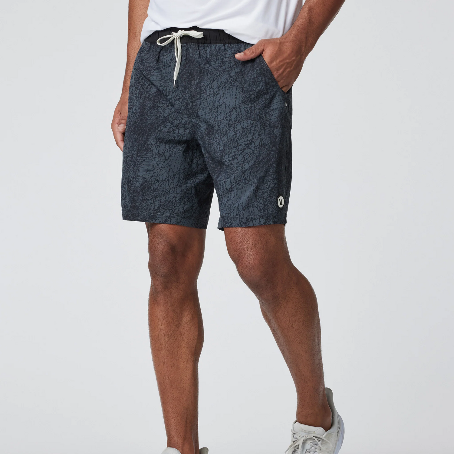 Vuori men's Kore workout shorts in charcoal scribble color